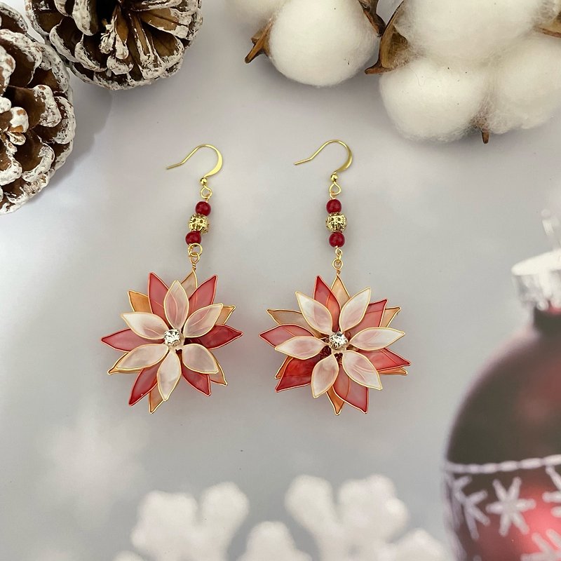 聖誕紅水晶花耳環 紅金歲月 - 耳環/耳夾 - 樹脂 金色