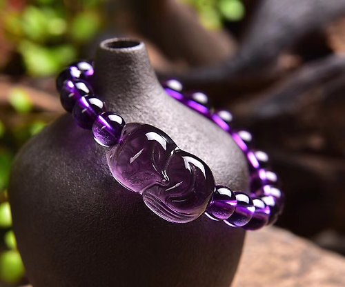 一念之間 精品純天然巴西紫水晶手工雕刻小狐狸單圈手鏈 配8MM紫水晶珠鏈