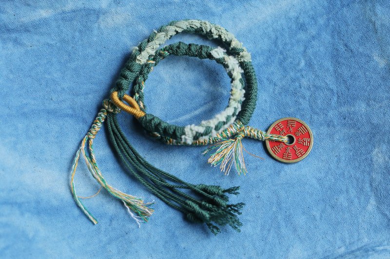 春秋オリジナル | チベット様式オールハンドメイド編み込み | 真鍮 辰砂描画 山鬼八卦コイン | 平安モデル - ブレスレット - コットン・麻 グリーン