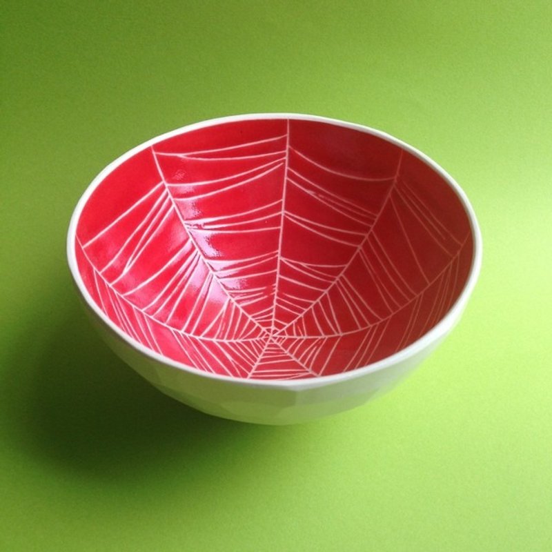 鉢/茶碗 (蜘蛛の巣）赤　　bowl (spider web) red - 花瓶/花器 - 陶 紅色