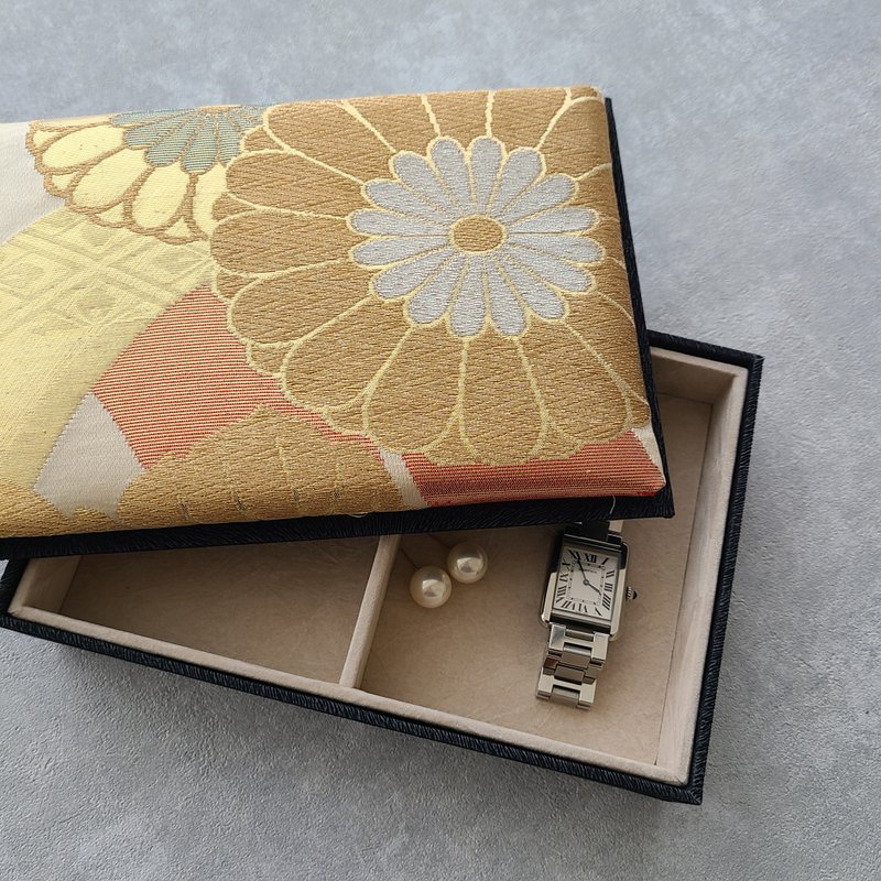 Handmade Treasure Box from Kimono Obi – mum motif for Jewelry, Keepsakes, - Storage - Eco-Friendly Materials 