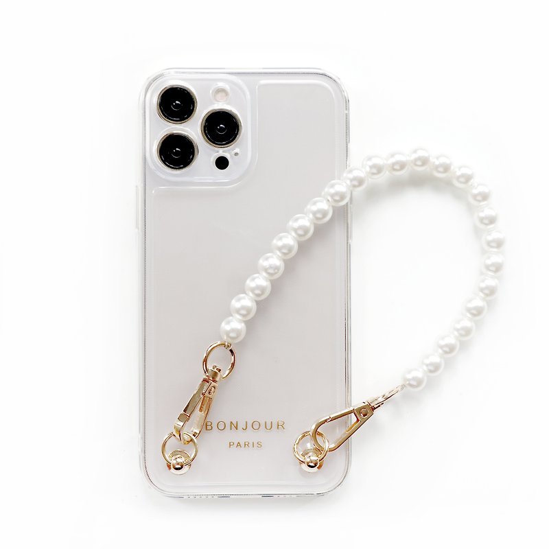 iPhone15/14/13/12 transparent hot stamping French pearl chain mobile phone case - เคส/ซองมือถือ - พลาสติก สีใส