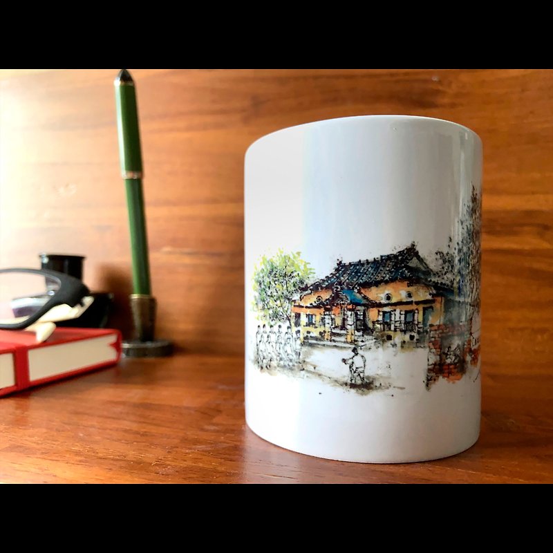 Fucheng style mug with dead branches sketching Tainan scenic spot Xinhua Wude Temple watercolor illustration - Mugs - Pottery 