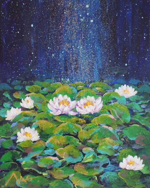 みーちゃん  ＃風水開運絵画 ＃水蓮花　＃スピリチュアル絵画 風水絵画＊蓮の花咲く龍神湖 蓮龍 lotus 豊かさ 愛情 子宝 家庭