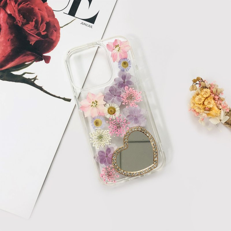 Natural Pink Purple Pressed Flower Mirror Phone Case for iPhone 16 Samsung S25 - เคส/ซองมือถือ - พืช/ดอกไม้ 