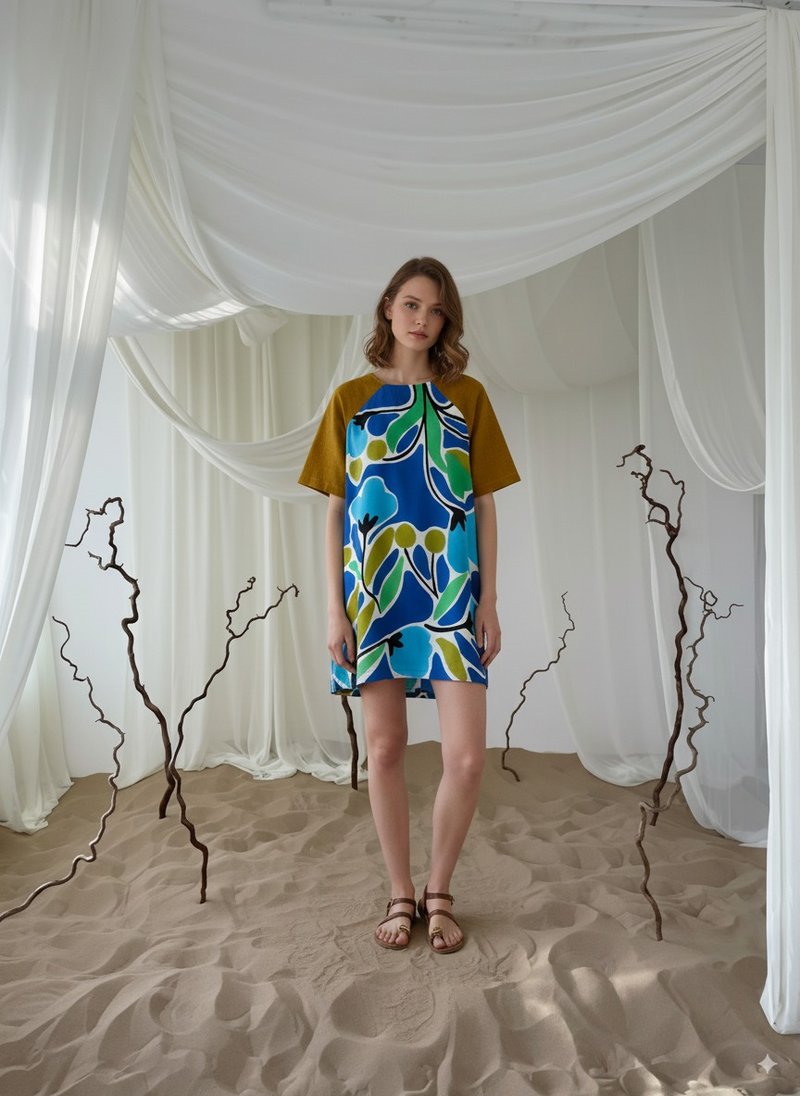 Floral Blue leaf cotton rayon dress colorful summer loose - 洋裝/連身裙 - 棉．麻 