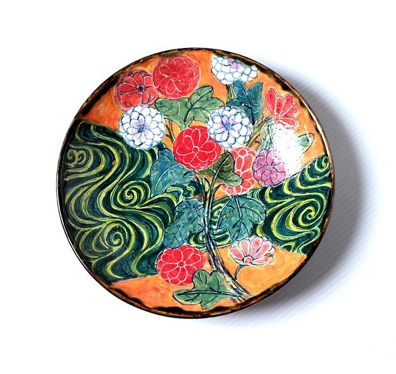 菊と流水紋様の色絵大皿(金継) - 花瓶・植木鉢 - 陶器 多色