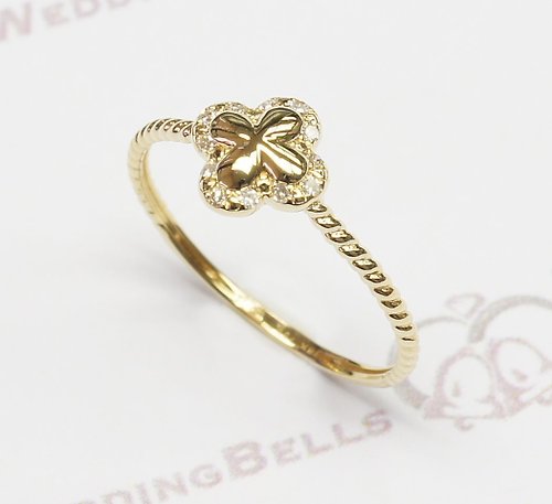 Wedding Bells HK 18K 黃金 鑽石 四葉草造型 扭紋 扭線 戒指 - 精緻 可愛 - 免運