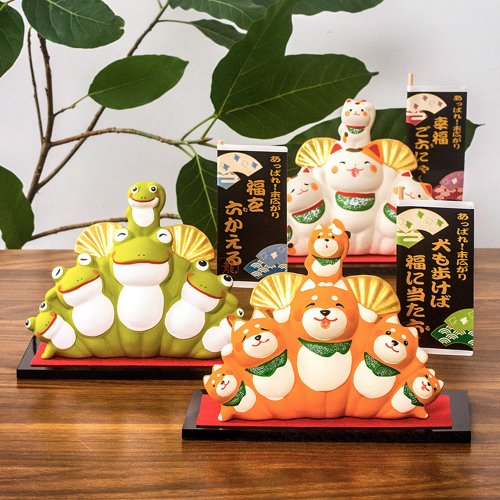 日本藥師窯 日本進口龍虎作疊羅漢招財貓達摩柴犬青蛙素燒陶無釉可愛創意擺件