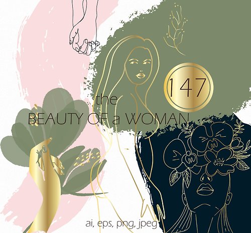 NataLyaroArt Beauty woman set of line drawings with abstraction, set flowers line art