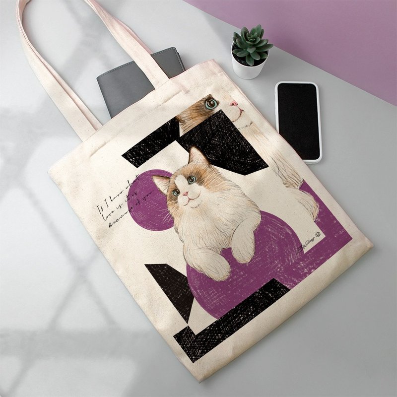 Illustrations cotton sail bag/large bag/can hold A4 _ Ragdoll cat style - กระเป๋าถือ - ผ้าฝ้าย/ผ้าลินิน สึชมพู