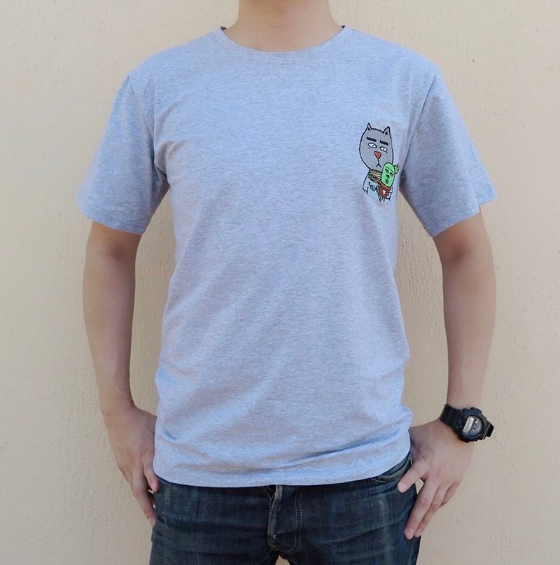 Embroidery T-shirt - Sweet Fat Cat With Cactus Baby - เสื้อฮู้ด - ผ้าฝ้าย/ผ้าลินิน สีเทา