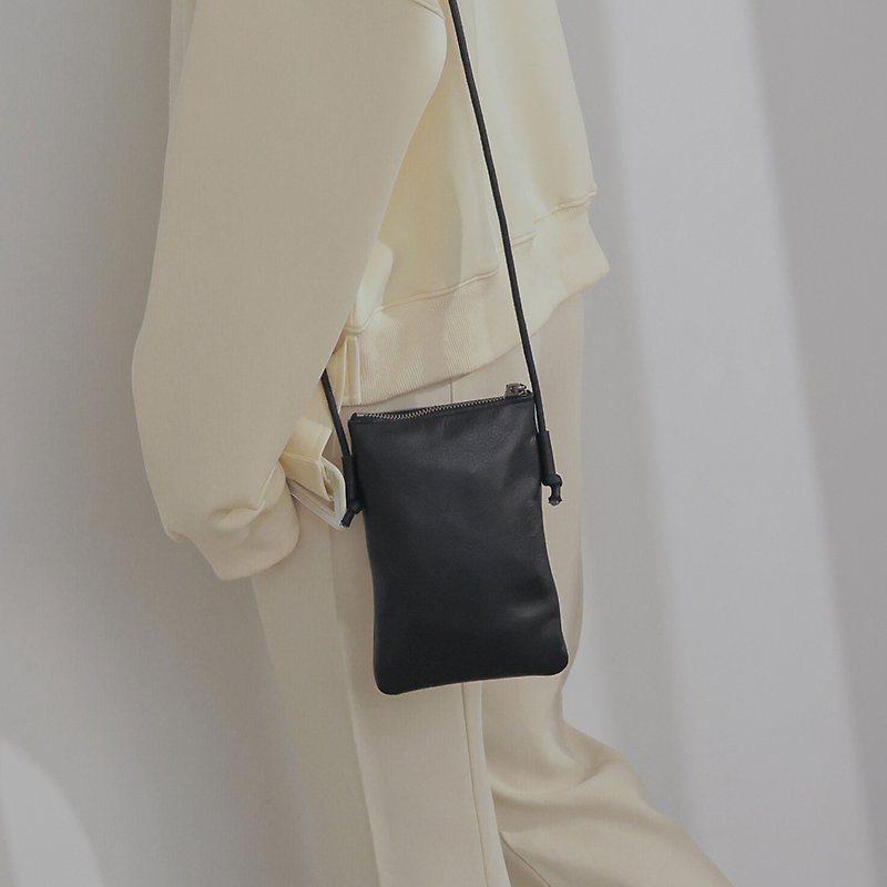 Minimalist Square Outline - Mobile Phone Bag - Black - กระเป๋าแมสเซนเจอร์ - หนังแท้ สีดำ