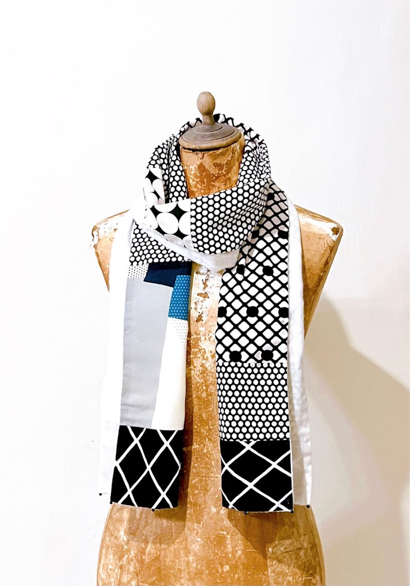 Pure handmade / modern style geometric dot size black dot wave card white woolen scarf shawl - ผ้าพันคอถัก - ขนแกะ ขาว