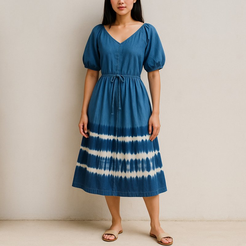 Mini V-Neck Blue Dress - 靛藍色紮染褶飾連身裙 - 洋裝/連身裙 - 棉．麻 藍色