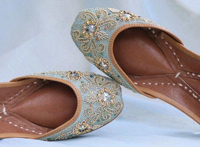 Blue if India retro sequins refreshing Indian handmade leather shoes - อื่นๆ - หนังแท้ สีน้ำเงิน