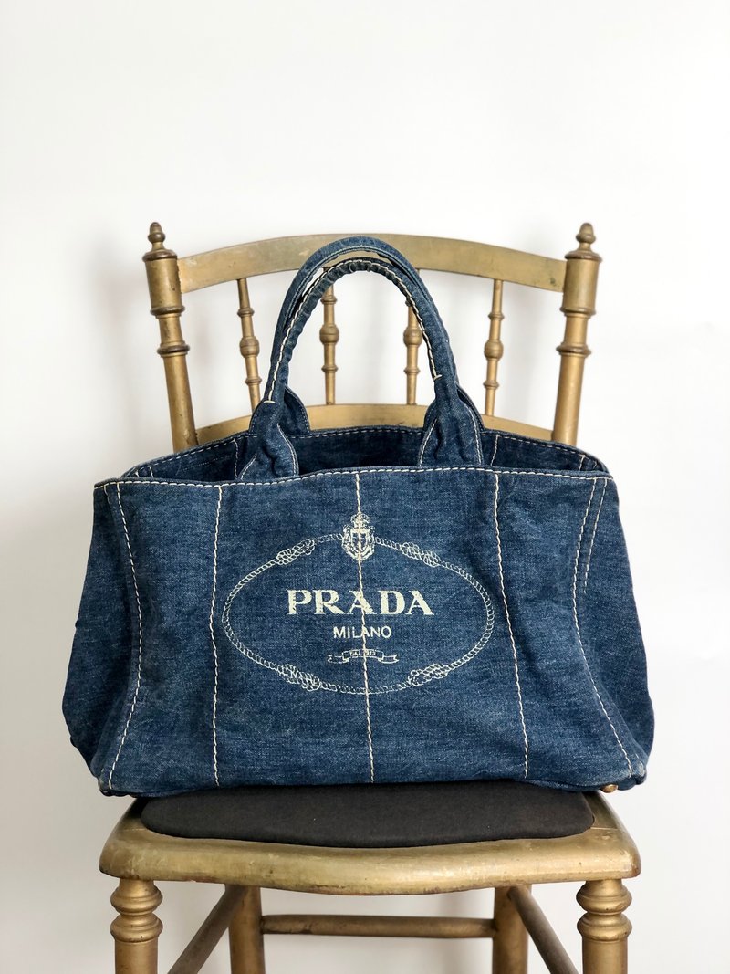 【 日本直送　名牌中古包 】PRADA プラダ ハンドバッグ インディゴ カナパ キャンバス vintage ヴィンテージ オールド t35cnj - 手提包/手提袋 - 棉．麻 藍色