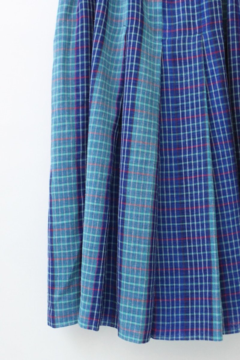 [RE0921D897] autumn violet green playful plaid short-sleeved vintage dress - ชุดเดรส - เส้นใยสังเคราะห์ สีน้ำเงิน