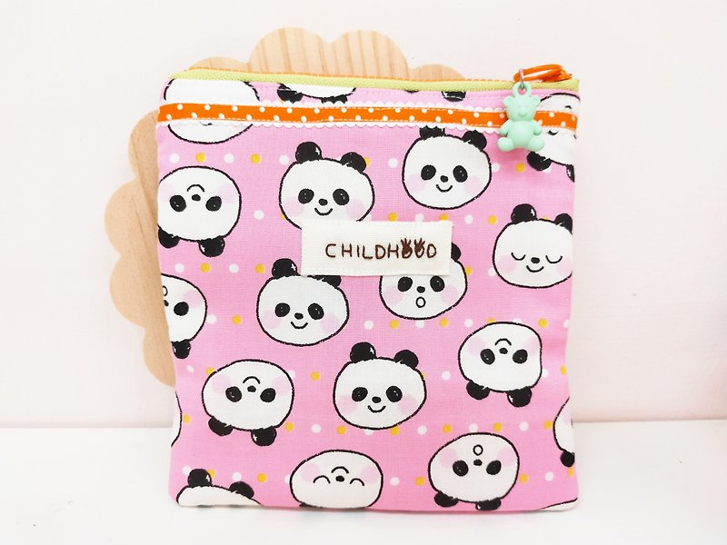 粉紅氣球熊貓萬用方包 零錢包 化妝包 - 化妝袋/收納袋 - 棉．麻 