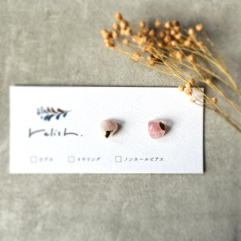 [Restock] Adult Pink Rose Quartz Kintsugi Line Earrings Non-Pierced Earrings Small Simple Office Feminine Gold Gift - Earrings & Clip-ons - Stone Pink