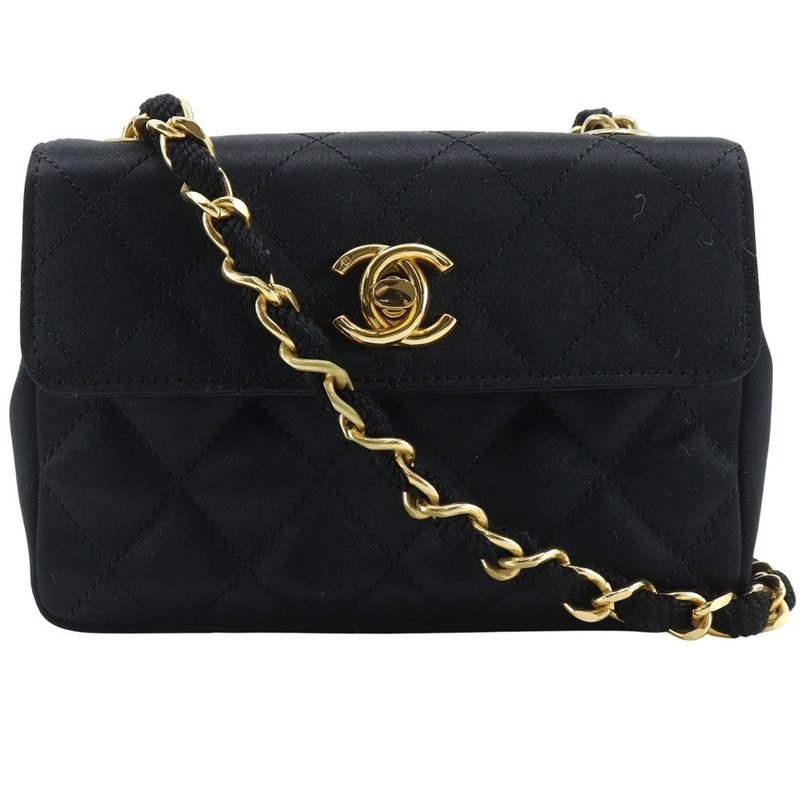 [Direct from Japan] CHANEL Mini Chain Shoulder Bag, Rope Vintage Satin Black, Women's, [Pre-owned] - Messenger Bags & Sling Bags - Other Materials Black