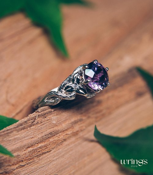 WRINGS 獨特銀質小枝巨型天然紫水晶訂婚戒指 森林自然靈感無限風格