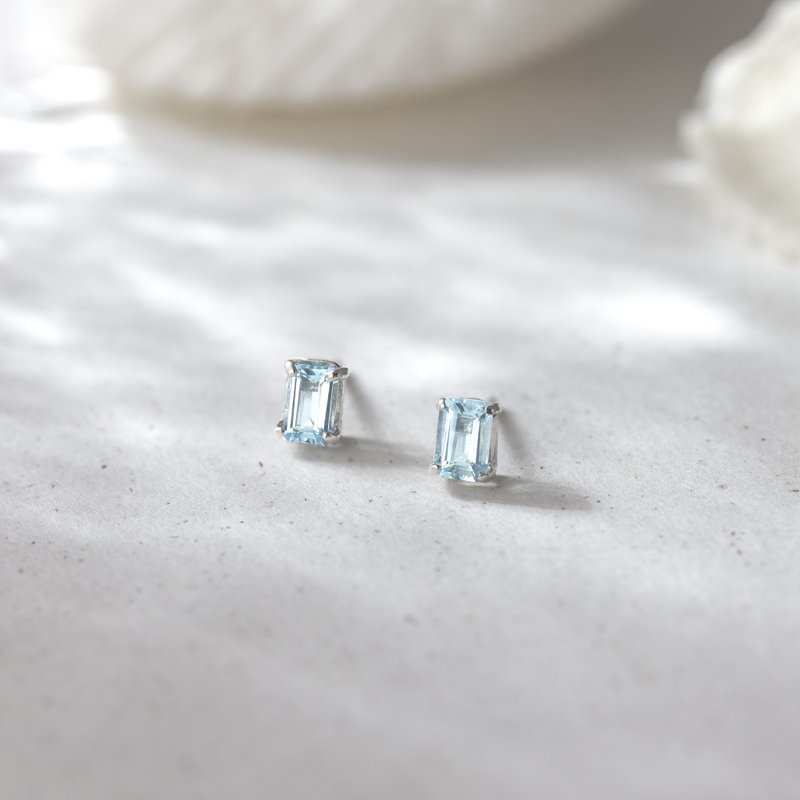 Aquamarine March Stone Summer Sterling Silver Earrings - ต่างหู - เครื่องเพชรพลอย สีน้ำเงิน