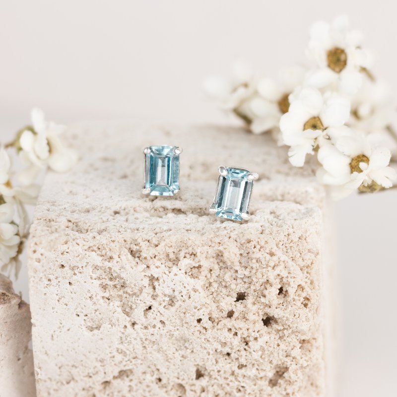 Aquamarine March Stone Summer Sterling Silver Earrings - ต่างหู - เครื่องเพชรพลอย สีน้ำเงิน