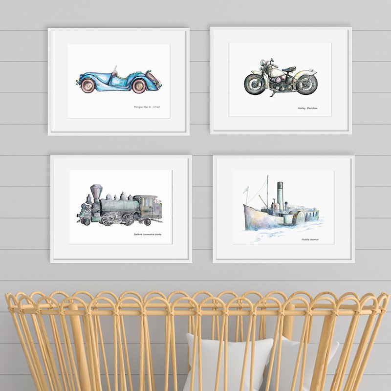 Train Boat Moto Car decor Set 4 posters nursery wall art - 掛牆畫/海報 - 紙 