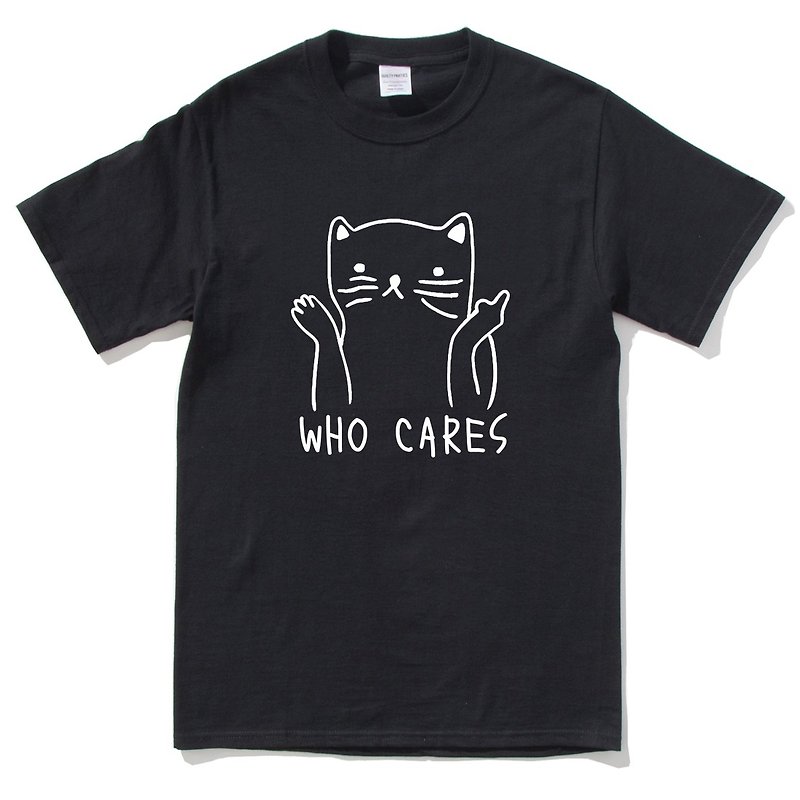 Who Cares Cat #2 black t shirt - เสื้อยืดผู้ชาย - ผ้าฝ้าย/ผ้าลินิน สีดำ