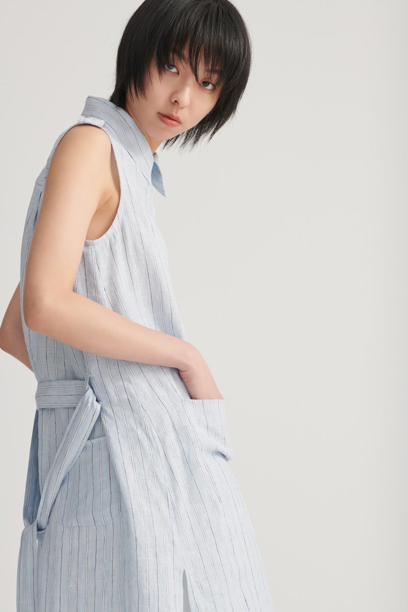 Shan Yongノースリーブシンプルストレートストライプロングシャツ（2色） - シャツ・ブラウス - コットン・麻 