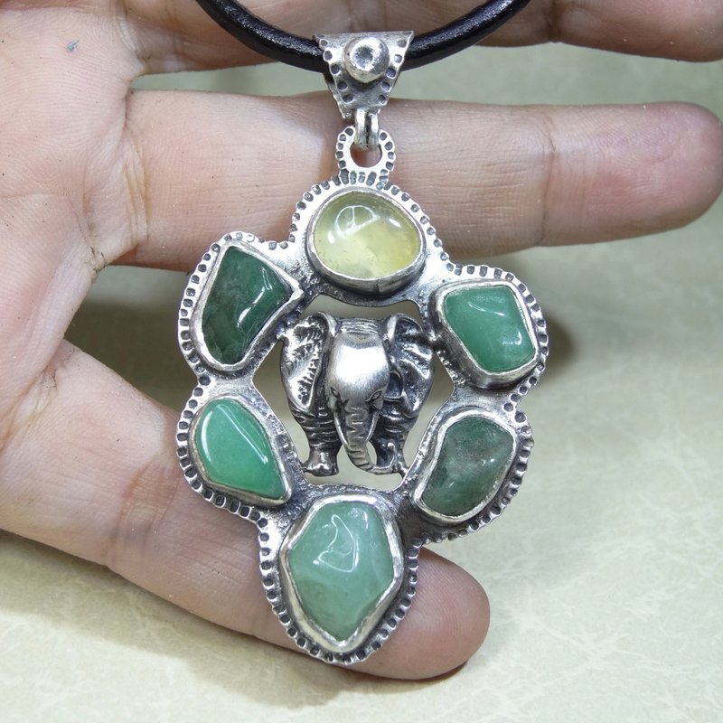 Pendant, Necklace, Aventurine Quartz Minerals, Sterling Silver, Leather Rope - Necklaces - Gemstone Green