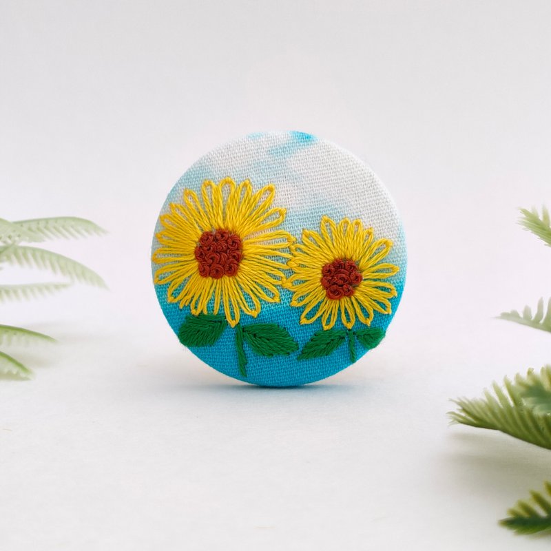 青空とひまわりの刺繍ヘアゴム - 髮夾/髮圈 - 棉．麻 黃色