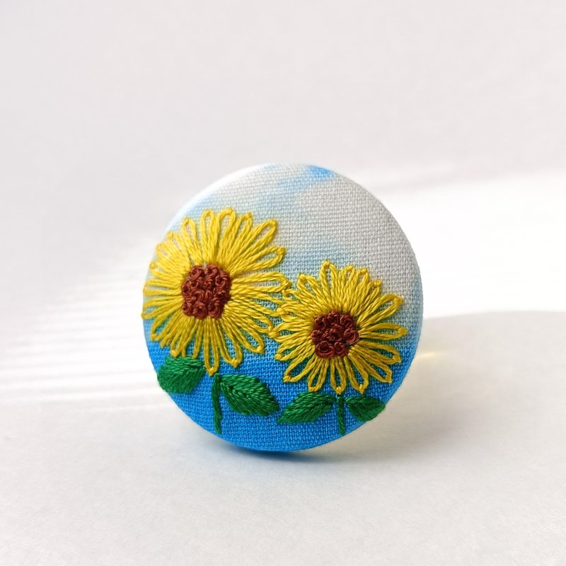 青空とひまわりの刺繍ヘアゴム - ヘアアクセサリー - コットン・麻 イエロー