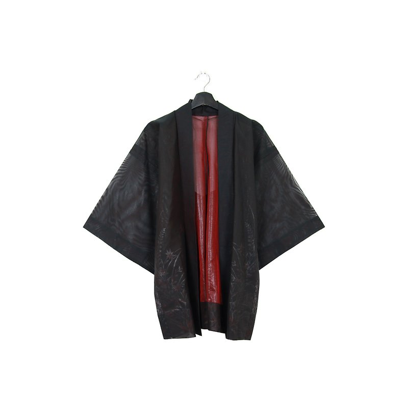 日本帶回和服 透膚紅內裡後方花園圖樣 男女皆可穿vintage kimono - 女大衣/外套 - 棉．麻 