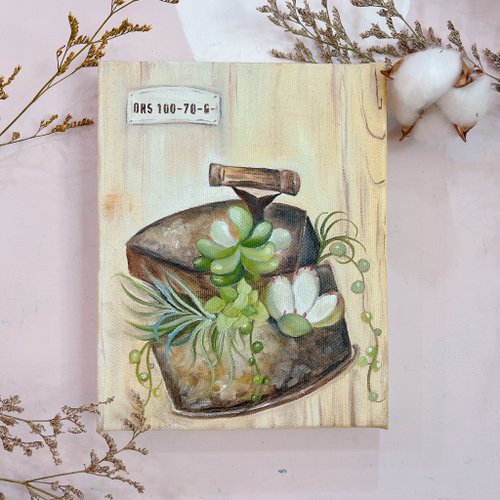 Aries牡羊與熊 油畫美學 多肉植物 油畫 壓克力畫 手工繪製 無框畫 禮物 生日禮物 情人節