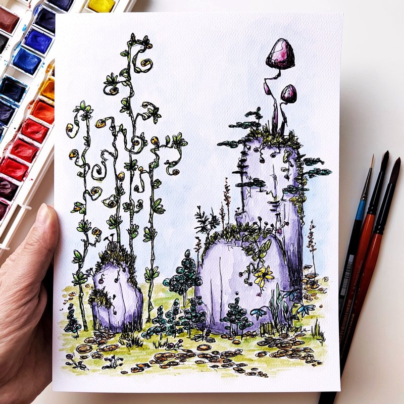 Enchanted forest original small watercolor painting - ตกแต่งผนัง - กระดาษ หลากหลายสี