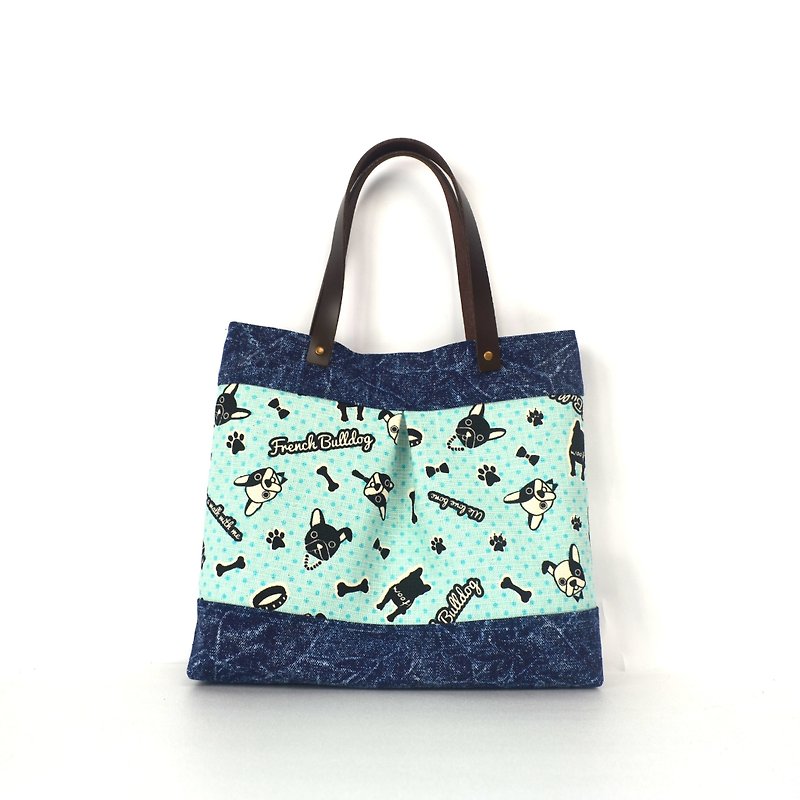 French bulldog denim mine tote bag, handbag, handmade, canvas - กระเป๋าถือ - ผ้าฝ้าย/ผ้าลินิน สีน้ำเงิน
