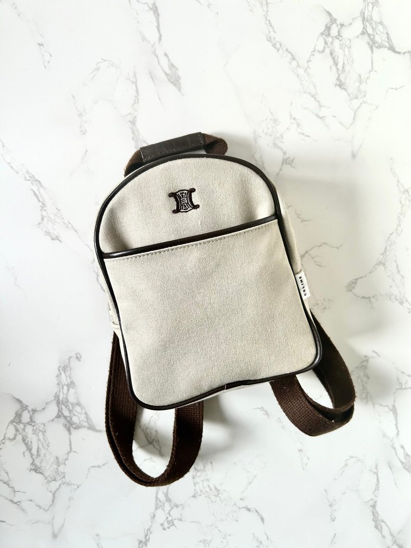 [LA LUNE] Rare second-hand Celine beige black Arc de Triomphe backpack backpack small bag - Backpacks - Genuine Leather Khaki