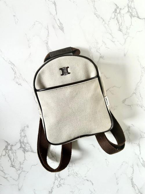 LA LUNE Vintage 日本鑑證古董品選物店 母親節優惠稀有中古二手Celine米黑色凱旋門後揹包雙肩背囊小包