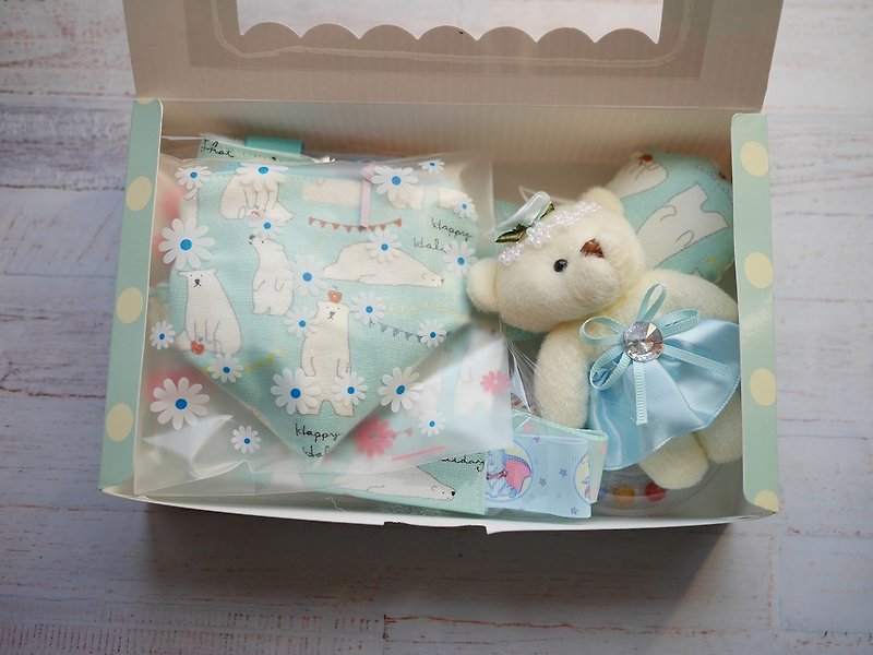 熊熊彌月禮盒 安撫巾 奶嘴收納袋 小熊娃娃 - 彌月禮盒 - 棉．麻 藍色