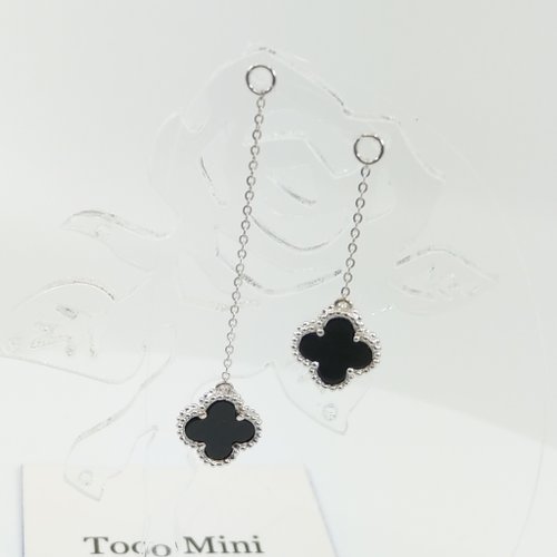 Tooo Mini (現貨一套) 墨水 四葉草事業草18K耳環吊飾長短耳鍊(白金x黑瑪瑙)
