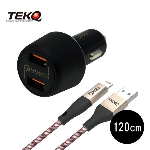 TEKQ Taiwan Design 【TEKQ】2孔 36W USB QC 車充+TEKQ MFi USB to Lightning 120cm