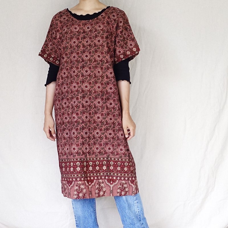 BajuTua / vintage / brown Indian covered floral dress - ชุดเดรส - ผ้าฝ้าย/ผ้าลินิน สีนำ้ตาล