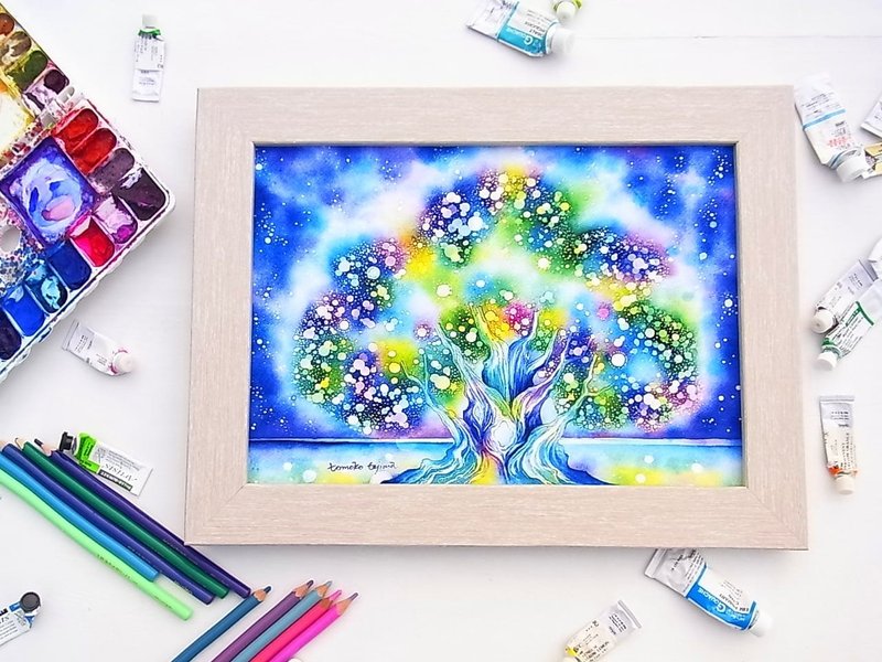 [mother tree of stars] Interior art print watercolor landscape stylish living room wall decoration universe - โปสเตอร์ - กระดาษ สีน้ำเงิน