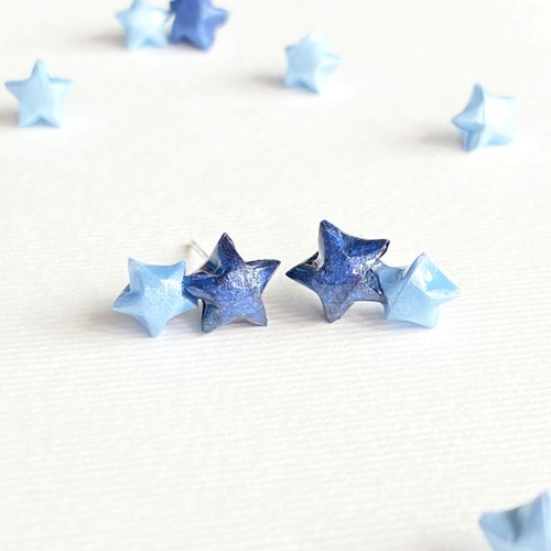 paper diamond® 幸運星雙星925純銀耳環/耳夾(太空深藍+粉藍)