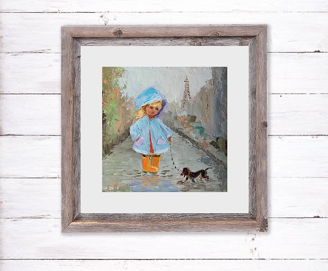 犬と歩く若い女の子 油絵 都市景観 パリ 街路 秋 - ショップ Elena