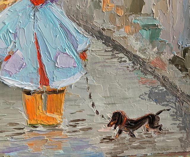 犬と歩く若い女の子 油絵 都市景観 パリ 街路 秋 - ショップ Elena