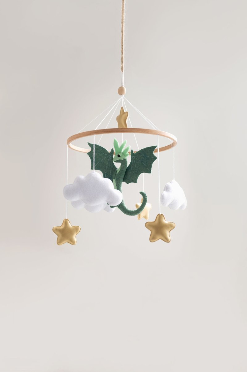 Dragon mobile nursery, clouds and gold stars baby mobile, fantasy nursery decor - 寶寶/兒童玩具/玩偶 - 環保材質 綠色