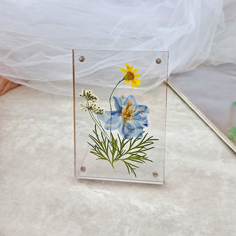 Pressed flower painting stand, dried flower arrangement, real flower home decoration gift, birthday gift FM-002 - ช่อดอกไม้แห้ง - พืช/ดอกไม้ สีน้ำเงิน